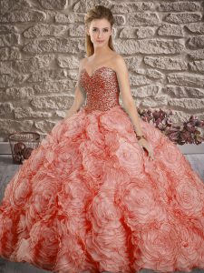 Peach Ball Gowns Fabric With Rolling Flowers Sweetheart Sleeveless Beading Lace Up 15 Quinceanera Dress Brush Train