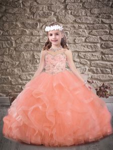 Peach Ball Gowns Beading and Ruffles Kids Formal Wear Lace Up Tulle Sleeveless