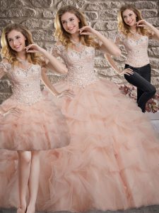 Pink Quince Ball Gowns Military Ball and Sweet 16 and Quinceanera with Lace and Pick Ups Off The Shoulder Sleeveless Swe