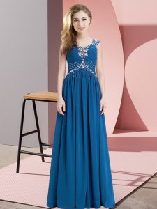 Charming Cap Sleeves Chiffon Floor Length Lace Up in Blue with Beading