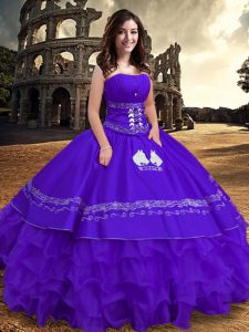 Most Popular Purple Satin and Organza Lace Up Quince Ball Gowns Sleeveless Floor Length Embroidery and Ruffles