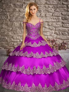 Shining Floor Length Ball Gowns Sleeveless Purple Quinceanera Gowns Lace Up