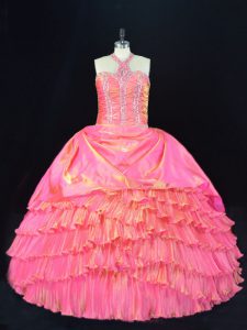 Nice Floor Length Rose Pink Ball Gown Prom Dress Halter Top Sleeveless Lace Up