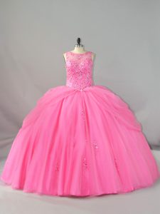 Rose Pink Quinceanera Dresses Scoop Sleeveless Brush Train Lace Up