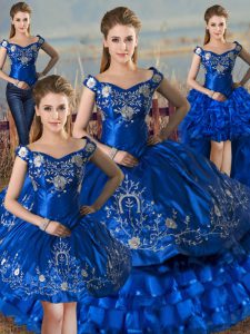 Floor Length Royal Blue Quinceanera Dresses Satin and Organza Sleeveless Embroidery and Ruffled Layers