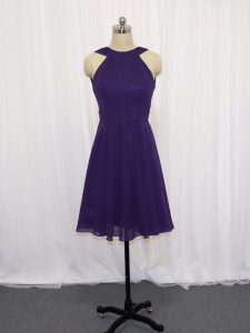 Purple Chiffon Backless Prom Party Dress Sleeveless Knee Length Ruching