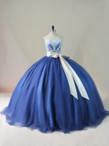 Perfect Navy Blue Sleeveless Appliques and Sashes ribbons and Bowknot Lace Up Quince Ball Gowns