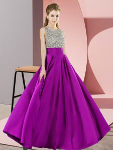 Charming Elastic Woven Satin Scoop Sleeveless Backless Beading Oscars Dresses in Purple