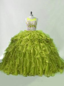Olive Green Organza Zipper Scoop Sleeveless Quinceanera Gown Brush Train Beading and Ruffles
