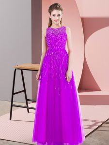 Beauteous Purple Empire Tulle Scoop Sleeveless Beading Floor Length Side Zipper Homecoming Dress
