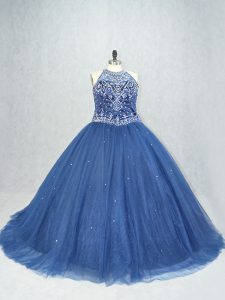 Pretty Beading Sweet 16 Quinceanera Dress Navy Blue Lace Up Sleeveless Brush Train