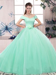 Noble Apple Green Ball Gowns Tulle Off The Shoulder Short Sleeves Lace and Hand Made Flower Floor Length Lace Up Vestido