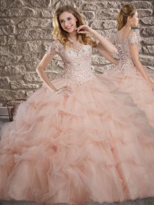 Smart Sleeveless Lace and Pick Ups Lace Up Sweet 16 Dresses with Pink Sweep Train