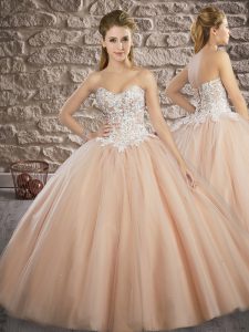 Glittering Sweetheart Sleeveless Quinceanera Gown Brush Train Appliques Champagne Tulle