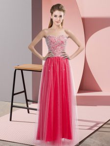 Sleeveless Tulle Floor Length Lace Up Evening Dress in Coral Red with Beading