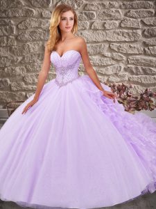 Lovely Lavender Sleeveless Organza and Tulle Court Train Lace Up Quinceanera Gowns for Military Ball and Sweet 16 and Qu