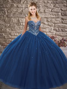 Deluxe Royal Blue Lace Up Sweetheart Beading Vestidos de Quinceanera Tulle Sleeveless