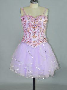 Unique Lavender Spaghetti Straps Lace Up Beading and Ruffles Prom Party Dress Sleeveless