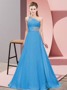 Floor Length Blue Prom Gown One Shoulder Sleeveless Lace Up