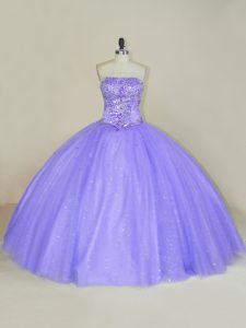 Noble Strapless Sleeveless Tulle 15 Quinceanera Dress Sequins Lace Up
