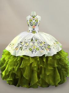 Discount Olive Green Sleeveless Embroidery and Ruffles Floor Length Quinceanera Gowns