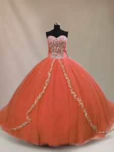 Sleeveless Beading Lace Up Sweet 16 Dress with Orange Brush Train