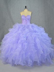 Sweetheart Sleeveless 15 Quinceanera Dress Floor Length Beading and Ruffles Lavender Organza