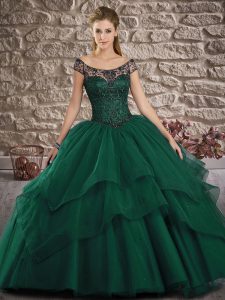 Captivating Green Off The Shoulder Neckline Lace and Ruffled Layers 15 Quinceanera Dress Sleeveless Lace Up