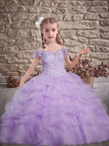 Sleeveless Beading and Lace and Pick Ups Lace Up Little Girl Pageant Gowns with Lavender Brush Train