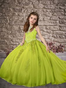 Tulle Sleeveless Little Girls Pageant Dress Brush Train and Beading and Appliques