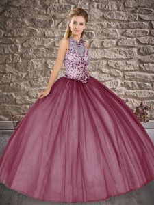 Sleeveless Tulle Floor Length Lace Up Quinceanera Gown in Burgundy with Beading