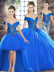 Simple Off The Shoulder Sleeveless Brush Train Lace Up Ball Gown Prom Dress Royal Blue Organza