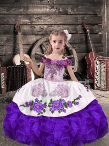 Graceful Purple Lace Up Off The Shoulder Beading and Embroidery and Ruffles Kids Pageant Dress Organza Sleeveless