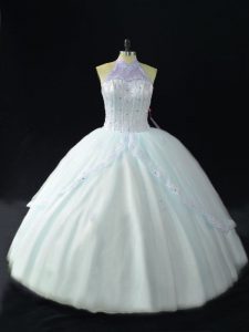 Beautiful Ball Gowns Ball Gown Prom Dress Blue Halter Top Tulle Sleeveless Floor Length Lace Up