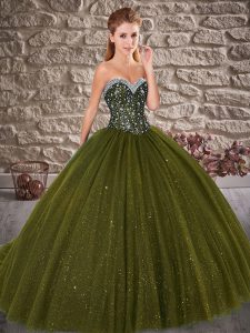 Super Tulle Sweetheart Sleeveless Brush Train Lace Up Beading Sweet 16 Dress in Olive Green