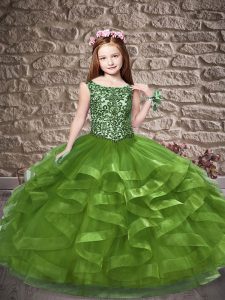 Low Price Olive Green Lace Up Scoop Beading and Ruffles Pageant Gowns For Girls Tulle Sleeveless