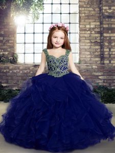 Blue Tulle Lace Up Pageant Dress Sleeveless Floor Length Beading and Ruffles