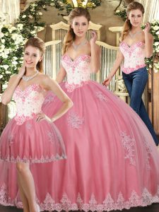 Sleeveless Floor Length Beading and Appliques Lace Up Quinceanera Dress with Watermelon Red