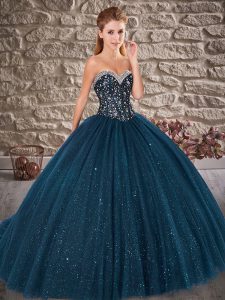 Fancy Blue Sleeveless Beading Lace Up Quinceanera Dresses