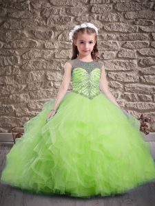 Eye-catching Scoop Sleeveless Little Girl Pageant Dress Sweep Train Beading and Ruffles Yellow Green Tulle