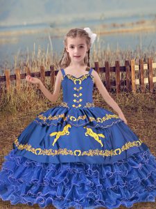 Blue Ball Gowns Straps Sleeveless Organza Floor Length Lace Up Beading and Embroidery and Ruffled Layers Pageant Dress