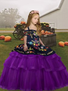 Excellent Tulle Straps Sleeveless Lace Up Embroidery and Ruffled Layers Kids Pageant Dress in Purple