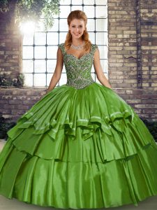 Green Taffeta Lace Up Straps Sleeveless Floor Length Vestidos de Quinceanera Beading and Ruffled Layers