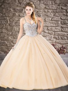 Fashionable Champagne Ball Gowns Straps Sleeveless Tulle Floor Length Lace Up Beading and Lace Quinceanera Dresses