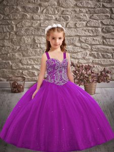 Dramatic Straps Sleeveless Lace Up Little Girl Pageant Dress Purple Tulle