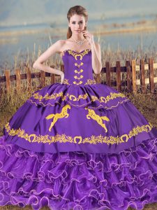 Romantic Purple Sleeveless Embroidery and Ruffled Layers Quince Ball Gowns