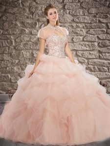 Decent Brush Train Ball Gowns Vestidos de Quinceanera Pink Sweetheart Tulle Sleeveless Lace Up