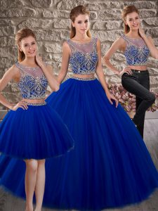 Spectacular Beading Sweet 16 Dress Royal Blue Lace Up Sleeveless Brush Train