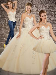 Custom Made Champagne Sweetheart Neckline Appliques Sweet 16 Quinceanera Dress Sleeveless Lace Up
