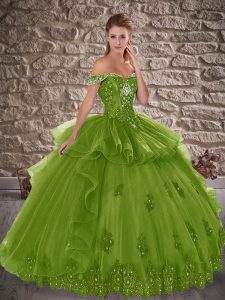 New Style Floor Length Olive Green 15 Quinceanera Dress Tulle Sleeveless Beading and Lace